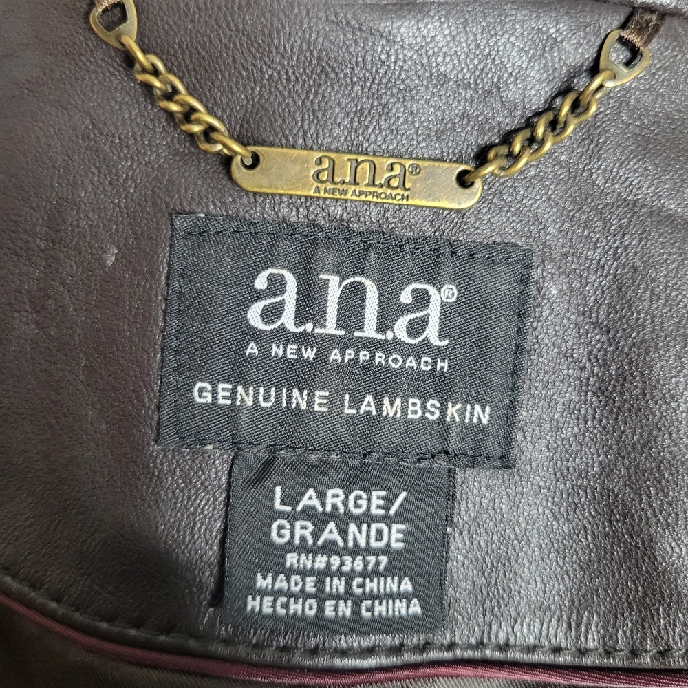 A.N.A. a.n.a Brown Leather Genuine Lambskin Jacket Faux Fur Collar Womens L Moto - Picture 9 of 13